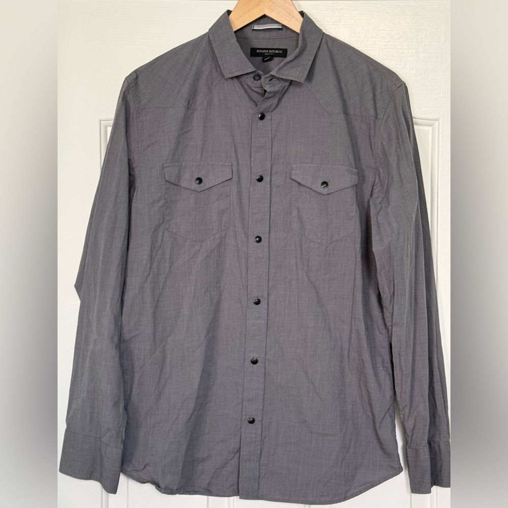 Banana Republic Slim Fit Utility Shirt Gray Men’s M Snap Front Stretch